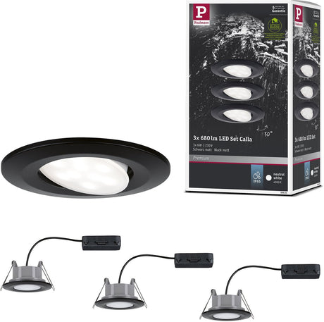Paulmann led-inbouwlamp calla basisset zwenkbaar ip65 rond 90 mm 3x6w 3x530lm 230v 4000k zwart mat