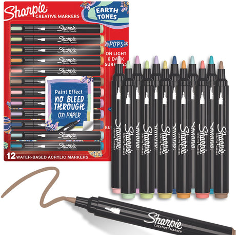 Marker kreatywny Sharpie markery akrylowe | odcienie ziemi | markery farbowe na bazie wody | Nie rozmazuje się, pisze po większości powierzchni | punktor | przybory szkolne | różne kolory | 12 sztuk