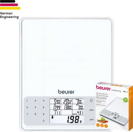 Cyfrowa waga kuchenna dietetyczna Beurer ds 61 - analiza 950 produktów spożywczych - obsługa dotykowa - funkcja tarowania - do 5 kg - w zestawie. baterie - 3 lata gwarancji - kolor biały
