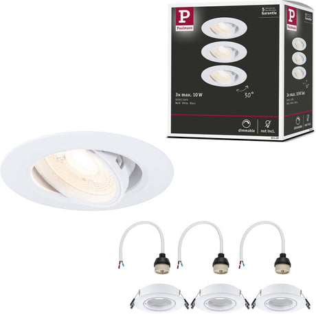 Zestaw 3 lamp do wbudowania Paulmann, obrotowe, okrągłe 90 mm 30° gu10 max. 3x10w 230v, ściemnialna, biała
