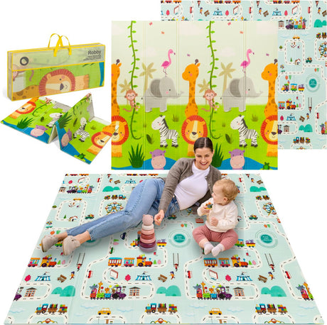 Lionelo Robby - mata do zabawy dla dzieci 2 w 1 - dwustronna mata edukacyjna 180 x 200 cm - 5 akcesoriów do zabawek - miękka, wodoodporna, hipoalergiczna mata - idealna do zabawy w domu i na zewnątrz - łatwa do złożenia i przechowywania