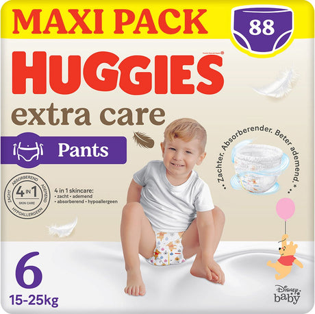 Spodnie do pieluszek dla niemowląt Huggies® Extra Care, rozmiar 6 (15 do 25 kg), pieluszki 88 z miękką gumką w pasie i wzorami Disneya, opakowanie maxi