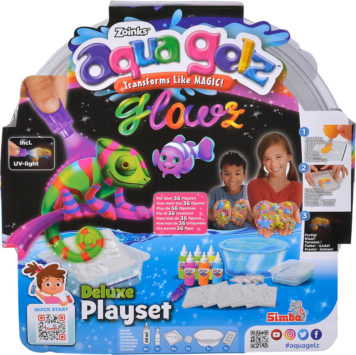 Simba - aqua gelz - zestaw deluxe glowz - 6 buteleczek kolorowego żelu świecącego w ciemności z latarką, 6 foremek, 5 dodatków do wody, miska - pakiet hobby