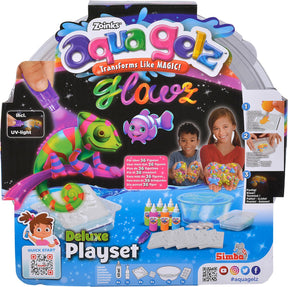 Simba - aqua gelz - zestaw deluxe glowz - 6 buteleczek kolorowego żelu świecącego w ciemności z latarką, 6 foremek, 5 dodatków do wody, miska - pakiet hobby