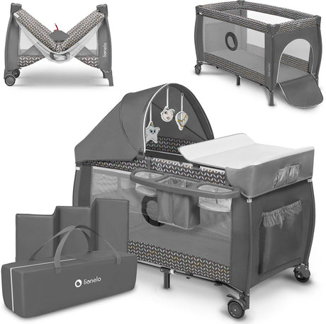 Lionelo Sven plus Łóżko kempingowe 2w1 rosnące wzdłuż - 127x60 cm - do 15 kg - miejsce do spania - łóżko podróżne ze stolikiem do przewijania, organizerem, moskitierą i zabawkami interaktywnymi