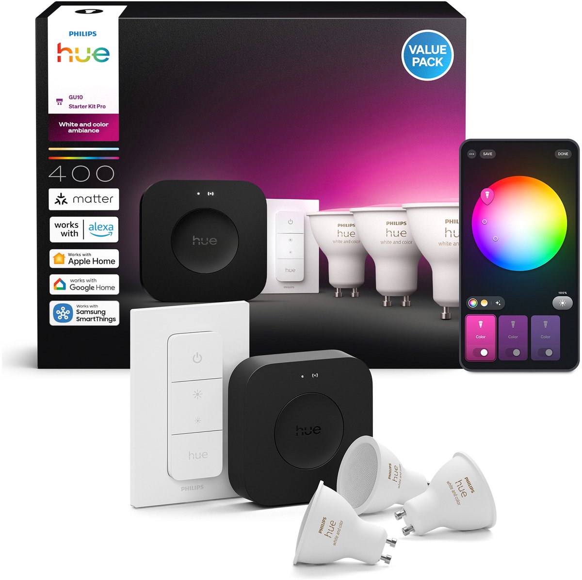 Philips hue starterkit: 3 gu10 lampen + dimmer switch + bridge pro