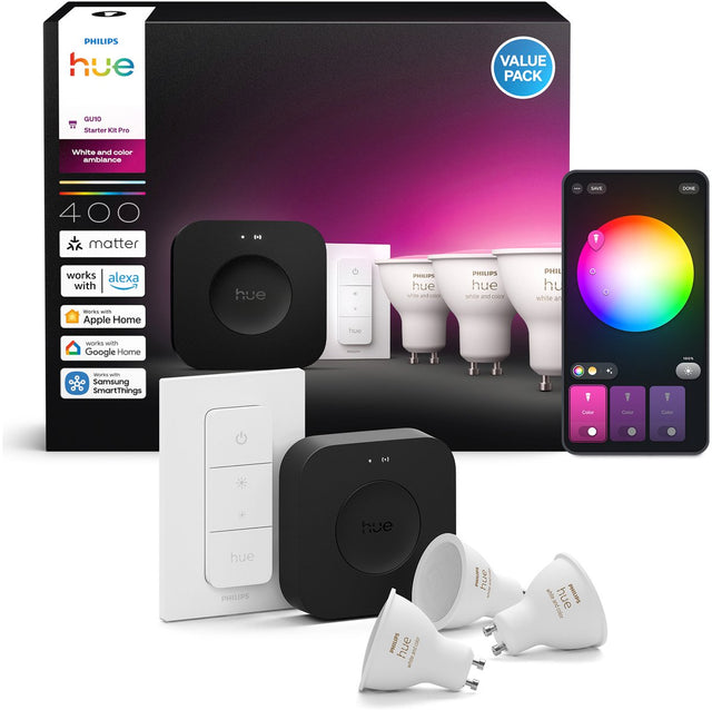 Philips hue starterkit: 3 gu10 lampen + dimmer switch + bridge pro
