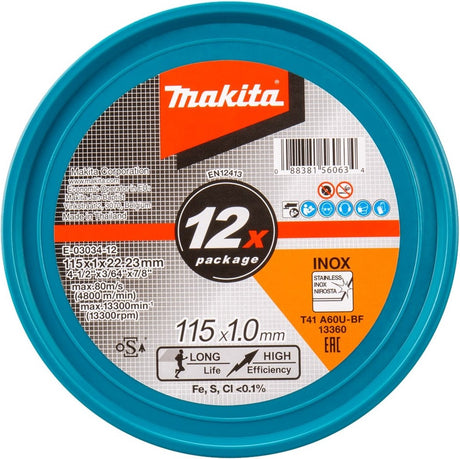 Tarcza tnąca Makita e-03034-12 stal nierdzewna | 115 x 22,23 x 1,0 mm | 12 sztuk