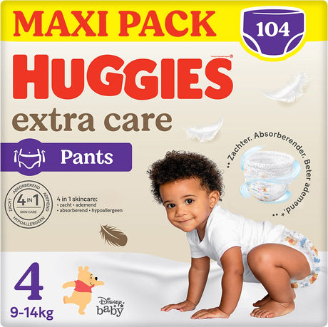 Spodnie do pieluszek dla niemowląt Huggies® Extra Care, rozmiar 4 (9 do 14 kg), 104 pieluszki z miękkim elastycznym paskiem i wzorami Disneya, opakowanie maxi