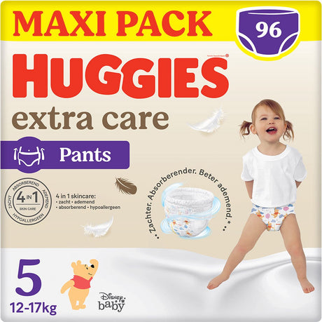 Spodnie do pieluszek dla niemowląt Huggies® Extra Care, rozmiar 5 (12 do 17 kg), pieluchy 96 z miękką gumką w pasie i wzorami Disneya, opakowanie maxi