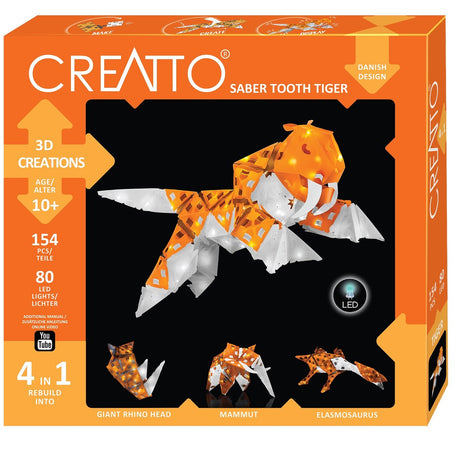 Kosmos Creatto Sabre Tiger – zestaw konstrukcyjny z oświetleniem LED – zbuduj 4 świecące prehistoryczne zwierzęta – tygrys szablozębny, mamut, wilk i sęp – 61 części – kreatywne zabawki konstrukcyjne – od 9 lat