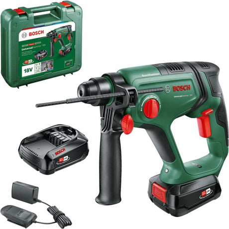 Akumulatorowa wiertarka udarowa Bosch universalhammer 18 V - 2,0 j - z akumulatorem 2 x 18 V (2,5 Ah) i ładowarką - w walizce