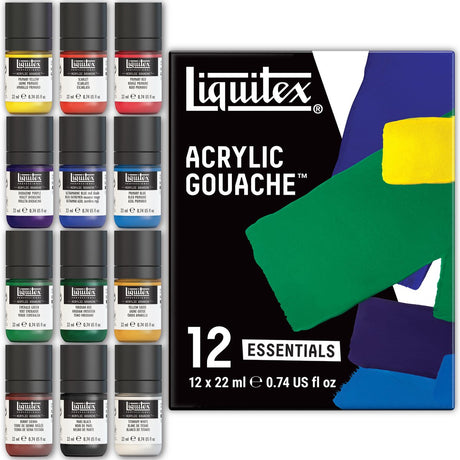 Liquitex 3699325 zestaw gwaszy akrylowych Essentials 12x22ml – mocno napigmentowana farba, matowa, kryjąca, do projektowania ilustracji