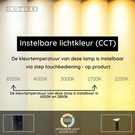 Lucide jive - ładowalna lampa stołowa do użytku na zewnątrz - akumulator - ø 13,7 cm - LED ściemnialna - CCT - 1x3W 2800K 6500K - IP44 - czarny