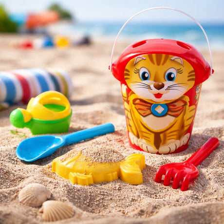 Eddy toys zandemmer set met dierenprint - inclusief gieter, vormpje, schepje en hark - ideaal voor strand en zandbak - geschikt vanaf 3 jaar - 18x29 cm - meerkleurig