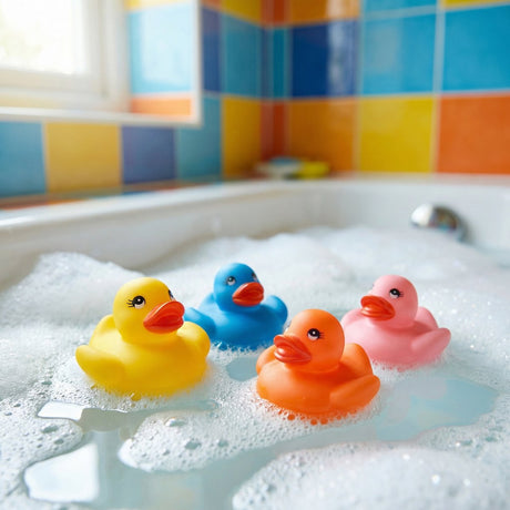 Eddy toys bath duck family 4pc - badeendjes set van 4 stuks - bpa-vrij badspeelgoed voor in bad - geschikt vanaf 3 jaar - kleuren oranje, geel, licht roze en blauw