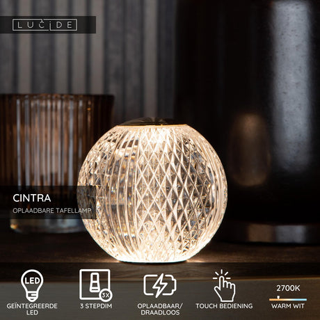Lucide cintra - ładowalna lampa stołowa - akumulator - ø 11 cm - LED 3 stepdim - 1x2w 2700k - przezroczysty