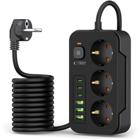 Tech-protect - listwa zasilająca z 3 USB C i 3 USB A - włącznik on-off - 3 gniazda - kolor czarny