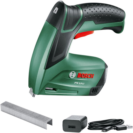 Zszywacz akumulatorowy Bosch Green PTK 3,6 V 1,5 Ah | 30 min-1 | 4 - 10 mm | w tym zszywki i ładowarka | w metalowym pudełku - 0603968200