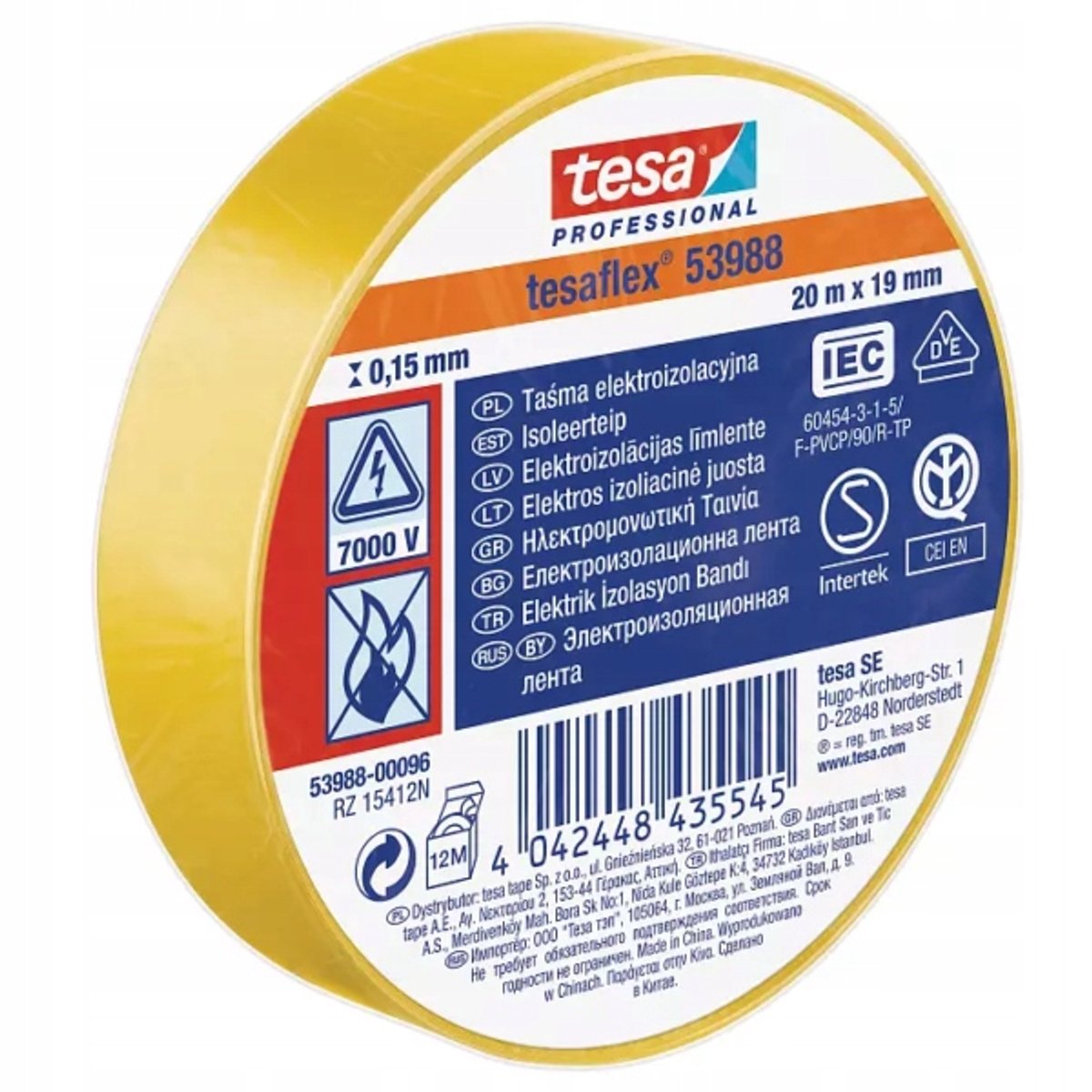 Taśma izolacyjna Tesa 19mm - 20 metrów - żółta