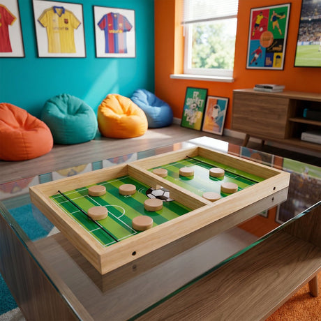 Eddy toys fling shot voetbalspel - houten vang- en werpspel - compact en draagbaar - leuk buitenspeelgoed voor 2 spelers - geschikt voor jong en oud - afmetingen 34x12x2 cm - kleur beige groen