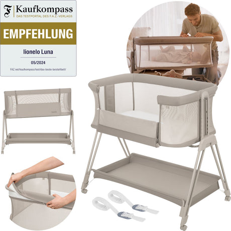 Lionelo luna – łóżeczko dziecięce 2 w 1 – miejsce do spania – od urodzenia do 9 kg – 7 pozycji wysokości – uchylny materac – boki z siateczki – kółka z klockami – pokrycie nadające się do prania – w zestawie kosz do przechowywania