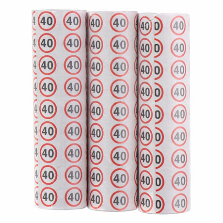 Nadruk serpentynowy Partytime '40' pa - 3 rolki papierowych serpentyn z nadrukiem znaków drogowych - długość 384 cm - szerokość 1,4 cm - dekoracja imprezowa na 40 urodziny - kolor biały z czerwonym