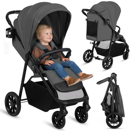 Wózek spacerowy Lionelo Emerald Buggy - wygodna pozycja leżąca 91 cm - lekki, składany jedną ręką - odpowiedni dla dzieci od 6 miesięcy do 4 lat - Budka XXL UPF50+ - Łożyskowane koła EVA z amortyzacją - w zestawie uchwyt na kubek