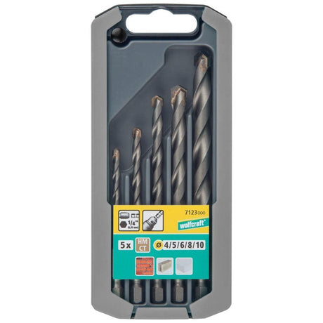 Wolfcraft - zestaw wierteł do muru - 4 do 10 mm - 5 sztuk - węglik - chwyt sześciokątny - 7123000
