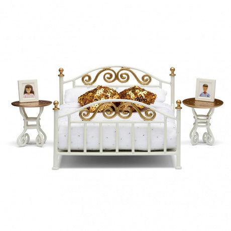Lundby smaland - poppenhuis slaapkamer bed - wit met koperkleur