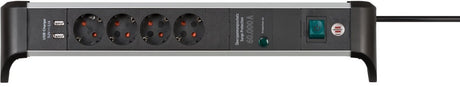 Listwa zasilająca Brennerstuhl alu-office-line 60 000 A z zabezpieczeniem przeciwprzepięciowym i funkcją ładowania USB 4-kierunkowa 1,8 m h05vv-f 3g1,5