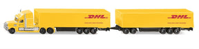 Siku 1806, pociąg drogowy cargoliner dhl, traktor z naczepą i przyczepą, 1:87, metaloplastyk, żółty, odpinana przyczepa