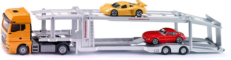 Siku 3944, transporter samochodowy, 1:50, w komplecie. 2 samochodziki, metalowy plastik, pomarańczowo-srebrny, odłączana przyczepka, opuszczana platforma