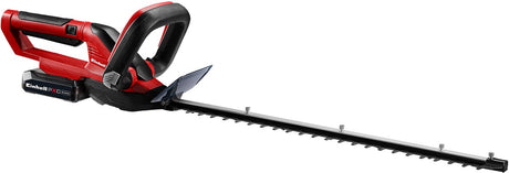 Akumulatorowe nożyce do żywopłotu Einhell ge-ch 1855 1 li kit - power x-change - 18 V Li-Ion - długość cięcia: 55 cm - rozstaw zębów: 18 mm - obrotowy uchwyt - osłona ostrza - w komplecie. Akumulator 2,5 Ah i ładowarka