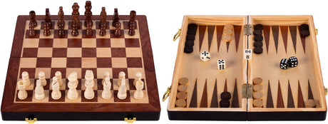 Engelhart opklapbare schaak backgammon set – houten schaak- en backgammonbord van essenhout – spelbord 30 x 30 x 5,5 cm – luxe reisbord draagbare spelset – 2 spellen in 1 –