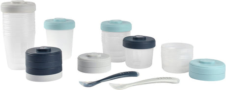 Béaba - słoiki do przechowywania - zestaw 12 szt. - 2x90ml, 4x150ml, 4x150ml, 6x250ml + 2 łyżki silikonowe - hermetyczne - kuchenka mikrofalowa - niebiesko-szary - nie zawiera BPA