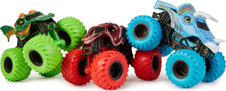 Monster jam - zestaw naładowanych bestii - oficjalny smok - octon8er - metalowe monster trucki jurassic attack - skala 1:64
