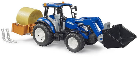 Bruder New Holland t5.120 + ładowacz czołowy, łyżka, widły + bele okrągłe 1:16