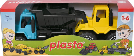 Plasto wywrotka i spychacz żółty niebieski 30 cm - pojazd zabawkowy - zestaw 2x 30 cm - wywrotka i spychacz - pojazdy budowlane - wolne od BPA - wyprodukowane w Finlandii - od 1 roku