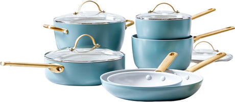 Zestaw patelni Greenpan Padova smokey blue, 10 szt. - 18-28 cm - powłoka nieprzywierająca niezawierająca pfas - zestaw patelni indukcyjnych - patelnia ceramiczna - z pokrywkami - można używać w piekarniku do 200 stopni - smokey blue