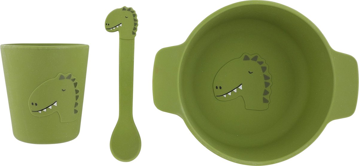 Trixie silikonowy zestaw do jedzenia dla niemowląt Mr. Dino - idealny prezent ciążowy - prezent na baby shower - zestaw z łyżką, kubkiem i miską.