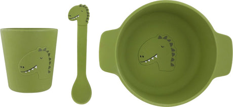 Trixie silikonowy zestaw do jedzenia dla niemowląt Mr. Dino - idealny prezent ciążowy - prezent na baby shower - zestaw z łyżką, kubkiem i miską.
