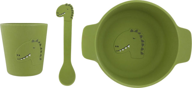 Trixie silikonowy zestaw do jedzenia dla niemowląt Mr. Dino - idealny prezent ciążowy - prezent na baby shower - zestaw z łyżką, kubkiem i miską.