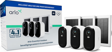 Bezprzewodowa zewnętrzna kamera bezpieczeństwa Arlo Essential 2K i panele słoneczne - 3 kamery 3 panele słoneczne