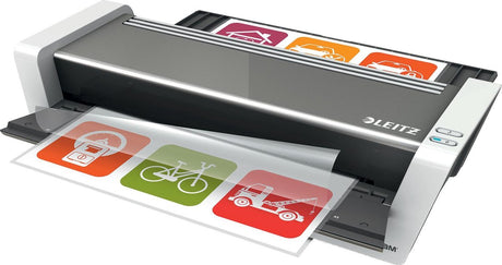 Laminator dotykowy Leitz ilam do formatu A3 - odpowiedni do 80-250 mikronów - w zestawie pakiet startowy z woreczkami do laminowania - antracyt