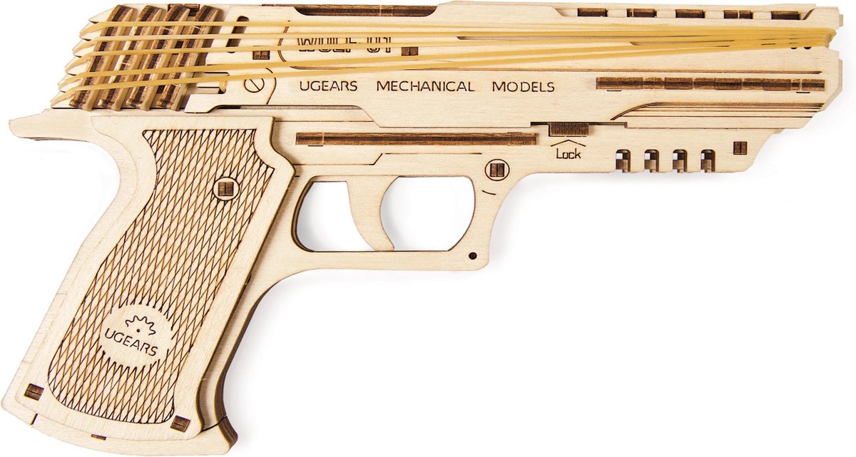Drewniany model 3D Ugears - pistolet wilk-01