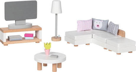 Meble do domku dla lalek Goki: designerski salon, 15 szt., 9,5x3x4cm (szafka pod telewizor), drewno bukowe i tkanina, 3+