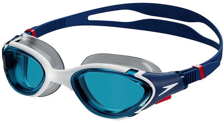 Okulary pływackie Speedo biofuse 2.0 - ergonomiczne okulary do nurkowania dla dorosłych - przeciwmgielna ochrona przed promieniowaniem UV - profesjonalne okulary pływackie z zapięciem na przycisk - super miękkie uszczelnienie - niebiesko-białe