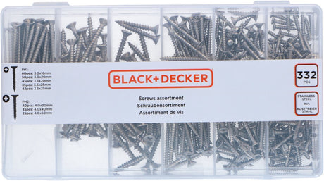 Asortyment wkrętów Black+decker - 332 sztuki - ph1 - ph2 - zestaw wkrętów do drewna
