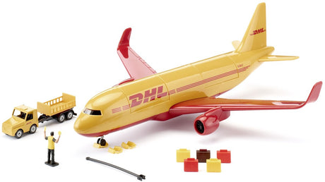 Siku 1702, samolot transportowy DHL z akcesoriami, metaloplastyk, czerwono-żółty, model zabawkowy, w zestawie. wózek bagażowy i kontroler ruchu lotniczego